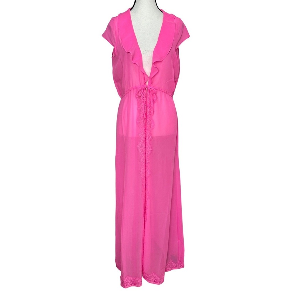 Mentionables Hot Pink Lacy‎ Sheer Maxi Robe Womens Small Coquette Boudoir Sexy